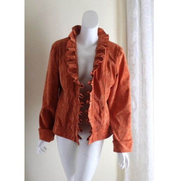 Chico’s Orange Brocade Embossed Bohemian Corduroy Open Ruffle jacket- si… - Picture 1 of 9